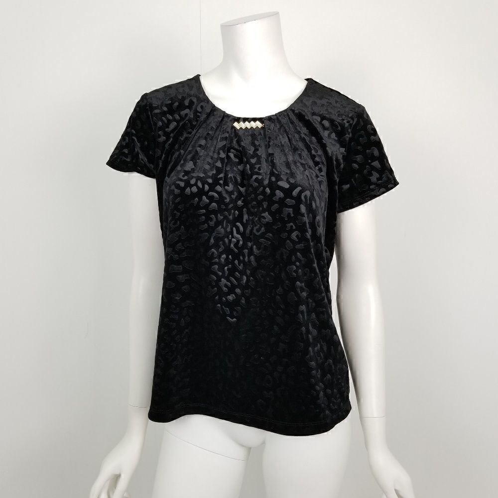 NWT Notations Petites Size Small SP Black Leopard Print Embossed Velvet Top